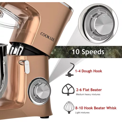 COOKLEE Elektromos Robotgép 3-in-1 Konyhai Mixer 8L 1500W 10 Fokozat Dagasztó Habverő Champagne Színű