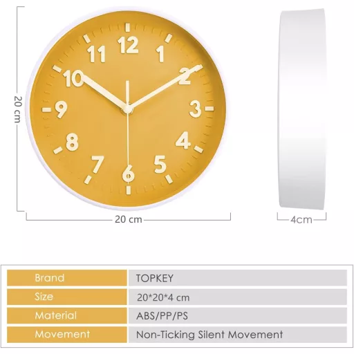 Topkey 8 Inch Csendes Falióra Nagy Számokkal Sárga Modern Konyhai