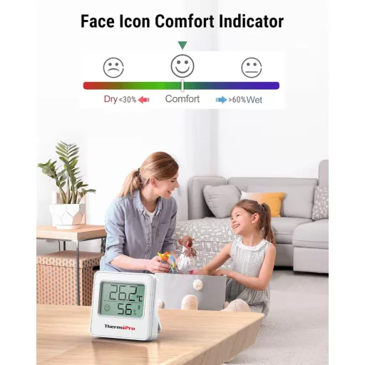 ThermoPro TP357 Bluetooth Hőmérő és Páramérő - 80m Hatótáv, Applikációval, Adatgrafikonnal, Smiley Kijelzővel Otthonra, Irodába, Borpincébe
