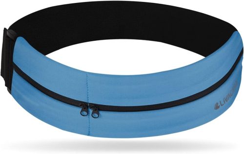 LIVACASA Futóöv Mobiltartóval - Kék Sportöv Állítható Gumipánttal, Éjszakai Fényvisszaverő Csíkkal, Univerzális Derékzsák Futáshoz, Kocogásh