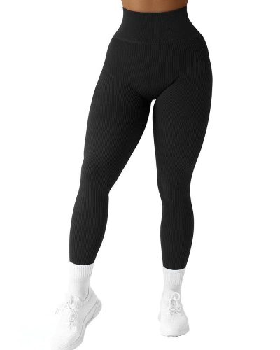 Leggings de yoga SUUKSESS negri cu șnururi și textură striată, cu talie înaltă (S) - resigilate