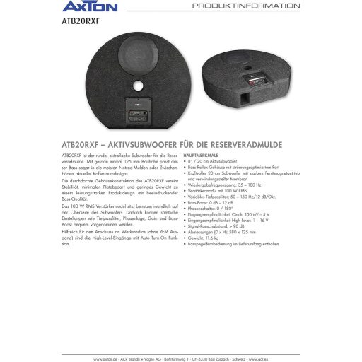 AXTON ATB20RXF Aktivni Subwoofer za Auto 20cm Duboki Bas 120W Kompaktan