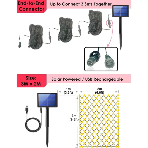 DIWUJI 204 LED Hálós Fényfüzér 3m x 2m Meleg Fehér Szolár USB Vízálló Karácsony