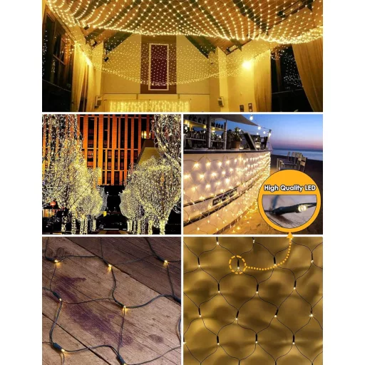 DIWUJI 204 LED sieťová svetelná reťaz 3 m x 2 m teplá biela solárna USB vodoodolná vianočná