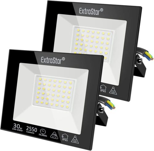 Extrastar LED Kültéri Reflektor 30W - IP65 Vízálló Biztonsági Világítás, 2550lm, 6500K Hideg Fehér, Kertbe, Teraszra (2 db)