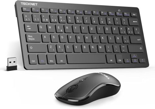 Set tastatură și mouse silențioase fără fir TECKNET - Spaniolă - Tastatură mini ultra-subțire, rază de acțiune 15m, 2.4G, compatibil cu PC/Smart TV,