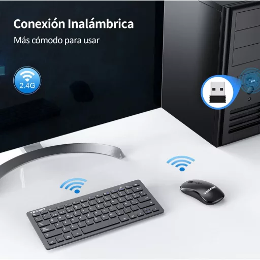 TECKNET Vezeték Nélküli Csendes Billentyűzet és Egér Szett -Spanyol- Ultravékony Mini Billentyűzet, 15m Hatótáv, 2.4G, PC/Smart TV Kompatibilis,