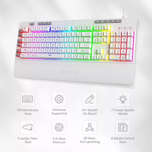 Tastatură gaming Redragon K512 Shiva albă, RGB LED, cu membrană, QWERTY