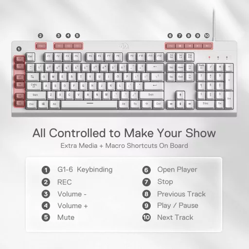 Tastatură gaming Redragon K512 Shiva albă, RGB LED, cu membrană, QWERTY
