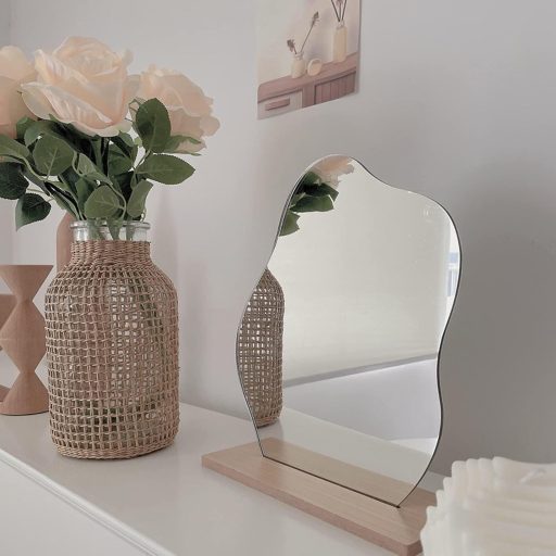 GUOJOZO Oglindă de machiaj acrilică cu bază de lemn, oglindă de dormitor în stil minimalist