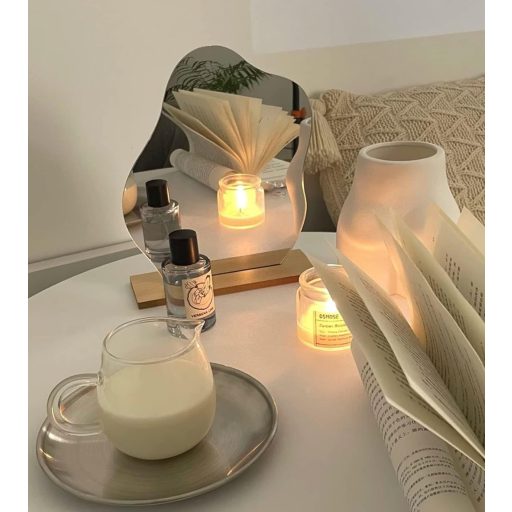 GUOJOZO Oglindă de machiaj acrilică cu bază de lemn, oglindă de dormitor în stil minimalist