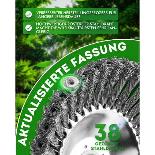 LADAMI Odstraňovač buriny Drôtená kefa 200x25,4mm - Univerzálna pre krovinorezy, vyžínače, 38 pletených oceľových vlákien, Kompatibilná s Husqvarna, Dolmar, Echo