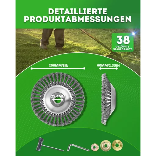 LADAMI Odstraňovač buriny Drôtená kefa 200x25,4mm - Univerzálna pre krovinorezy, vyžínače, 38 pletených oceľových vlákien, Kompatibilná s Husqvarna, Dolmar, Echo