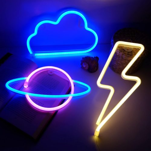 NELUX 3 db-os LED Neon Fali Dekoráció Szett - Villám, Bolygó és Felhő Formák Gamer Szobába - USB vagy Elemes Működés, Modern Világítás