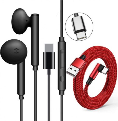 Prémium BASS Fülhallgató USB-C csatlakozóval, Mikrofonnal és Hangerőszabályzóval, Vízálló, Mesterséges Bőr