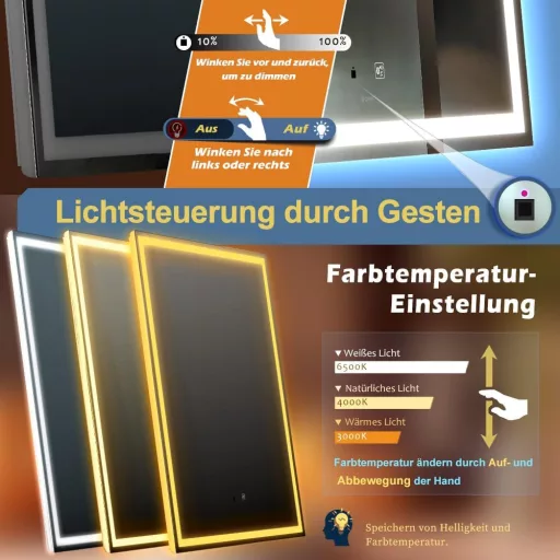 GANPE LED Érzékelős Fürdőszobai Tükör Bluetooth 50x70cm Páramentesítő Fali