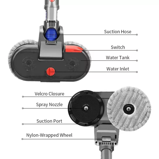 Adaptor mop electric DrRobor pentru aspiratoare Dyson V15 V11 V10 V8 V7 - Cu rezervor de apă integrat, iluminare LED și cap lavabil