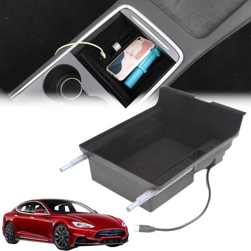 Organizator consolă Tesla Model 3 - Cu suport pentru carduri, compartiment pentru monede, cutie de depozitare neagră cu USB