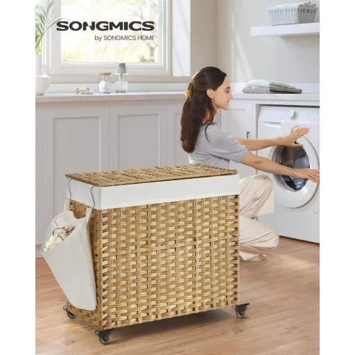 SONGMICS 140L 3 rekeszes szennyesgyűjtő kosár fedéllel, kerekekkel és kivehető zsákkal