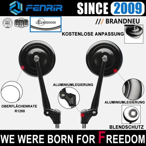 Oglindă Retrovizoare Motocicletă FENRIR Omologată Anti-Reflex Negru Retro CNC