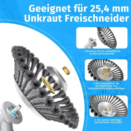 Fadun Acélová kefová hlava na krovinorez 200x25,4mm - Univerzálna drôtená kefa na odstraňovanie buriny a machu v záhrade, na chodníku, v odkvapoch.