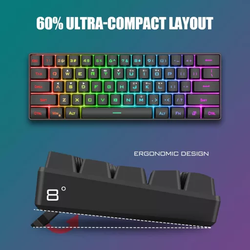 RedThunder 60% RGB Vezetékes Gamer Billentyűzet és Egér Szett, 62 Gombos, DE Kiosztás, 7200 DPI Kompakt Egér, 6 Gombos Optikai Játékos Szett