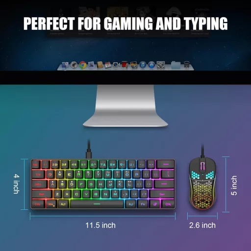 Set tastatură și mouse de gaming cu fir RedThunder, 60% RGB, 62 de taste, layout DE, mouse compact de 7200 DPI, set optic de gaming cu 6 butoane