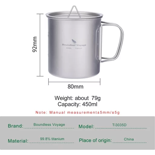 Cană de camping din titan iBasingo cu capac și mâner pliabil, 200-750ml