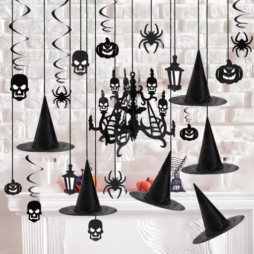 JOYIN 27 darabos Halloween függő dekoráció szett boszorkány kalappal, tök szellem pók díszítés