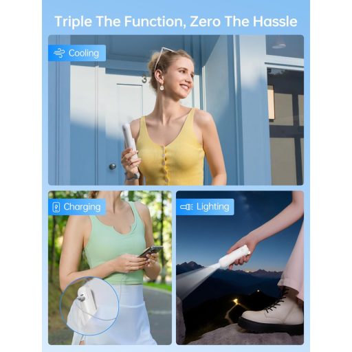 JISULIFE 3 az 1-ben Kézi Ventilátor Powerbank és Zseblámpa Funkcióval - Tölthető USB, 12-19 Órás Üzemidő, Hordozható, Fehér