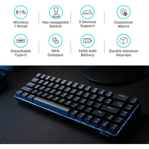 RK ROYAL KLUDGE RK68 Wireless Mechanikus Billentyűzet 65% Kompakt Bluetooth Gaming Csere Kapcsoló Fekete