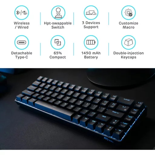 Tastatură mecanică wireless RK ROYAL KLUDGE RK68, 65% compactă, Bluetooth, gaming, switch-uri înlocuibile, negru