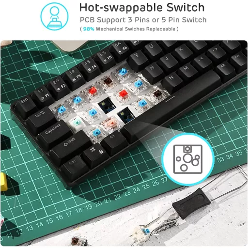 Tastatură mecanică wireless RK ROYAL KLUDGE RK68, 65% compactă, Bluetooth, gaming, switch-uri înlocuibile, negru