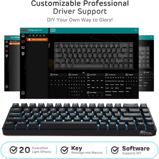 Tastatură mecanică wireless RK ROYAL KLUDGE RK68, 65% compactă, Bluetooth, gaming, switch-uri înlocuibile, negru
