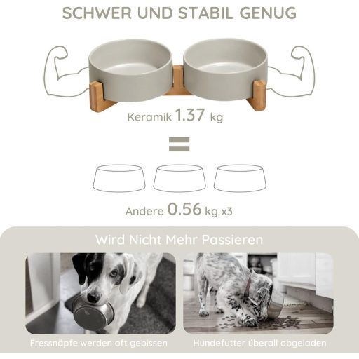 SPUNKYJUNKY Keramička Dvostruka Zdjelica sa Stalkom od Bambusa za Pse i Mačke 400ml Siva