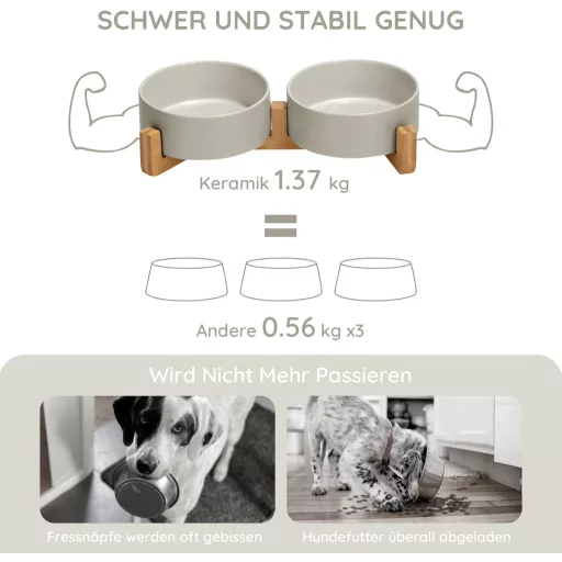 SPUNKYJUNKY Kerámia Dupla Tál Bambusz Állvánnyal Kutyáknak Macskáknak 400ml Szürke