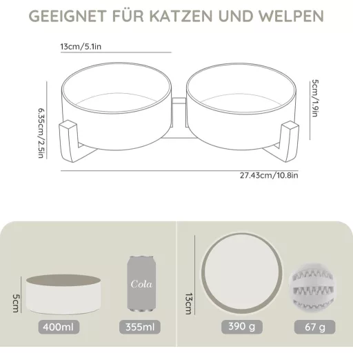 SPUNKYJUNKY Kerámia Dupla Tál Bambusz Állvánnyal Kutyáknak Macskáknak 400ml Szürke