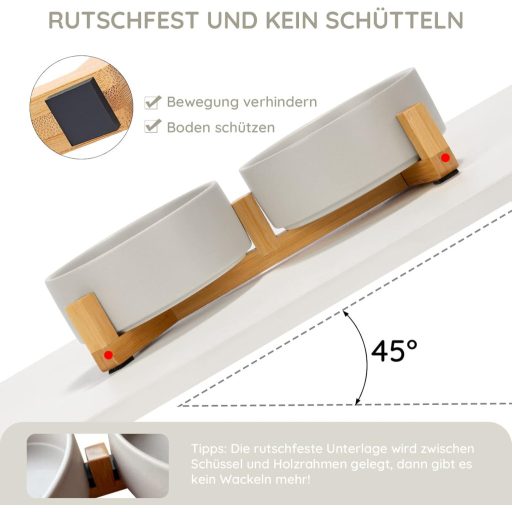 SPUNKYJUNKY Keramička Dvostruka Zdjelica sa Stalkom od Bambusa za Pse i Mačke 400ml Siva