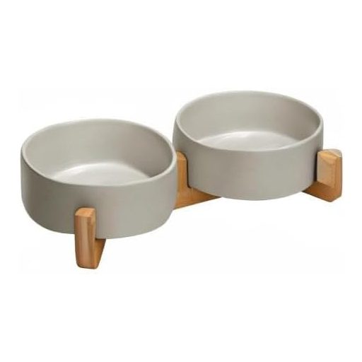SPUNKYJUNKY Keramička Dvostruka Zdjelica sa Stalkom od Bambusa za Pse i Mačke 400ml Siva