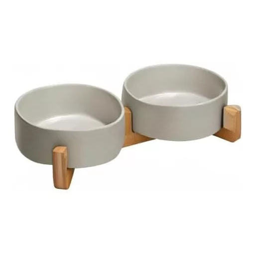 SPUNKYJUNKY Kerámia Dupla Tál Bambusz Állvánnyal Kutyáknak Macskáknak 400ml Szürke