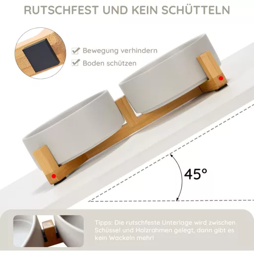 SPUNKYJUNKY Bol Ceramic Dublu cu Suport de Bambus pentru Câini și Pisici 400ml Gri