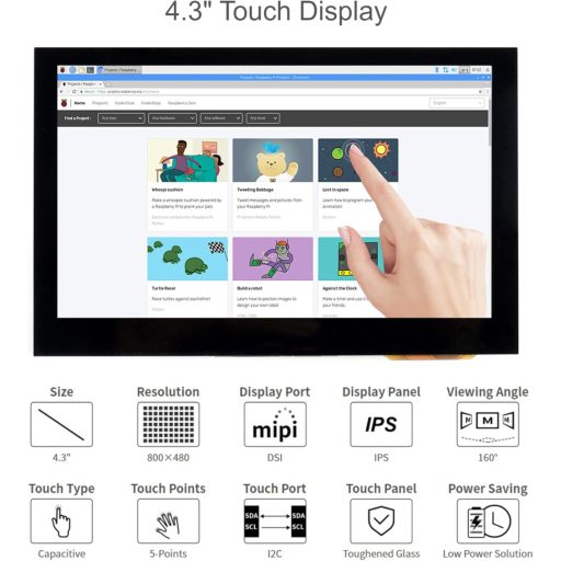 Waveshare 4.3" DSI LCD kijelző Raspberry Pi-hez 800×480 IPS érintőképernyő