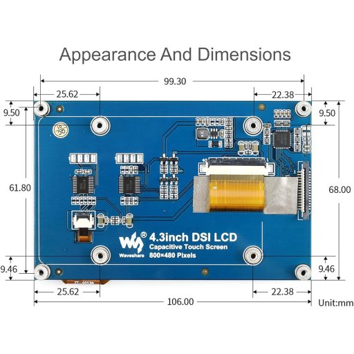 Waveshare 4.3" DSI LCD kijelző Raspberry Pi-hez 800×480 IPS érintőképernyő