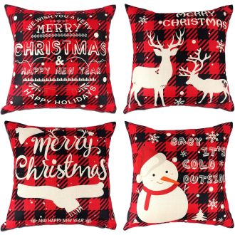   BootyBay Karácsonyi Párnahuzat Szett 45x45 cm - 4 db Piros-Fekete Ünnepi Huzat Rénszarvas és Hóember Mintával - Mosható Len Anyagú Díszpárna