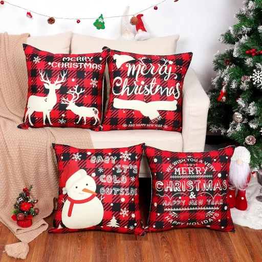 Set de fețe de pernă de Crăciun BootyBay, 45x45 cm - 4 buc, roșu-negru, cu motive festive ren și om de zăpadă - pernă decorativă din in lavabil
