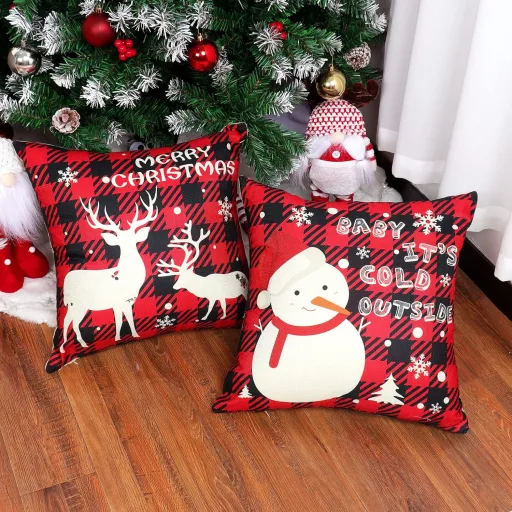 Set de fețe de pernă de Crăciun BootyBay, 45x45 cm - 4 buc, roșu-negru, cu motive festive ren și om de zăpadă - pernă decorativă din in lavabil