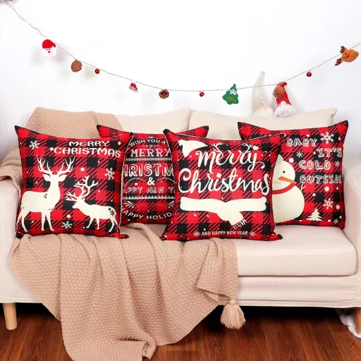 Set de fețe de pernă de Crăciun BootyBay, 45x45 cm - 4 buc, roșu-negru, cu motive festive ren și om de zăpadă - pernă decorativă din in lavabil