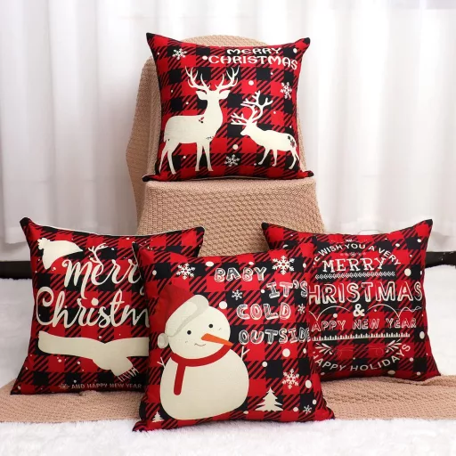 Set de fețe de pernă de Crăciun BootyBay, 45x45 cm - 4 buc, roșu-negru, cu motive festive ren și om de zăpadă - pernă decorativă din in lavabil