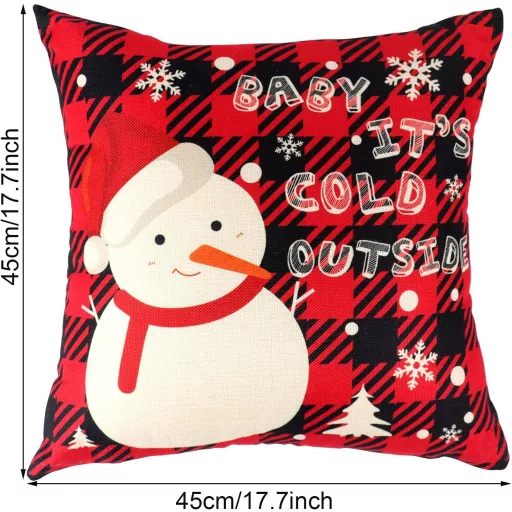 Set de fețe de pernă de Crăciun BootyBay, 45x45 cm - 4 buc, roșu-negru, cu motive festive ren și om de zăpadă - pernă decorativă din in lavabil