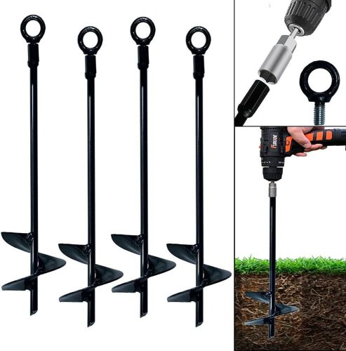 Jayzod Trambulin Rögzítő Készlet - 38 cm Spirál Talajhorgony Szett 4 db, Fúróval Telepíthető, Erős Szél Ellen, Fém Hintákhoz, Fekete